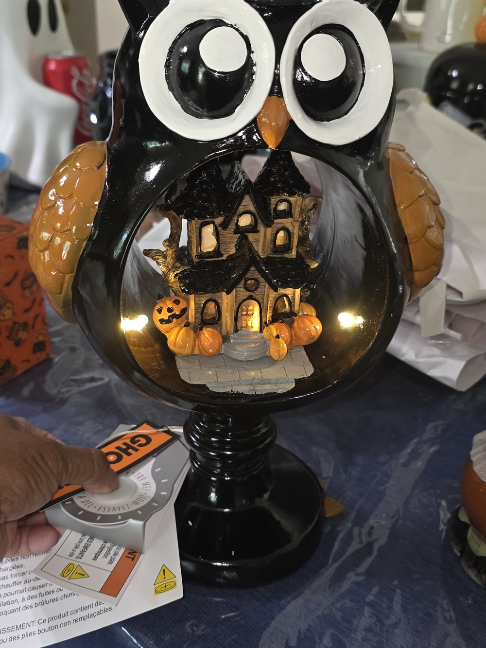 Black Owl Halloween Scene Table Decor with Orange Accents